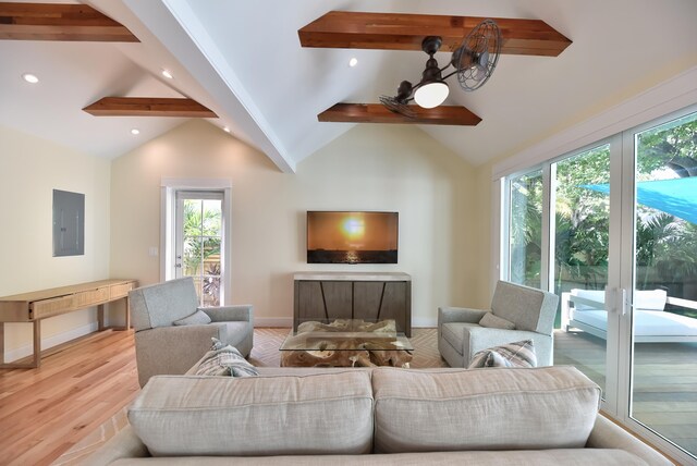 living room with high vaulted ceiling, electric panel, beamed ceiling, and light wood-type flooring