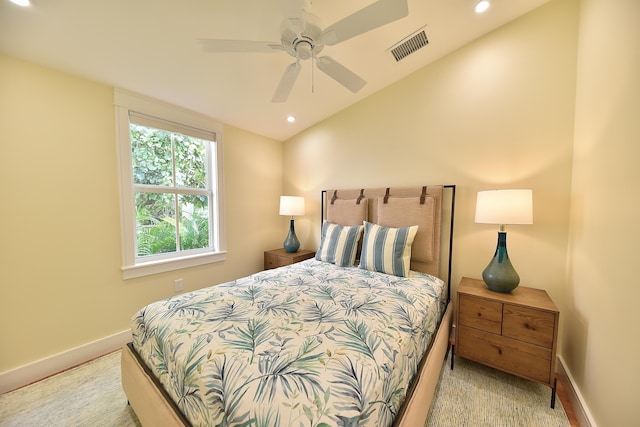 bedroom with ceiling fan and vaulted ceiling