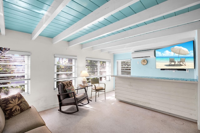 interior space featuring beamed ceiling, wood ceiling, and a wall mounted AC