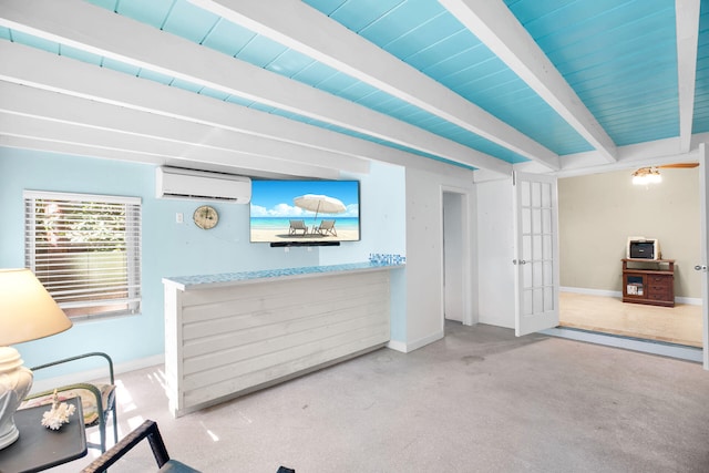 living room with beamed ceiling and a wall unit AC