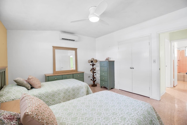 bedroom featuring a wall mounted air conditioner and ceiling fan