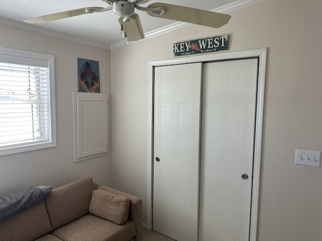 sitting room with ceiling fan and ornamental molding