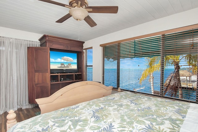 bedroom featuring wood-type flooring, wooden ceiling, and ceiling fan