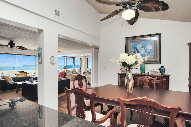 dining space with vaulted ceiling, hardwood / wood-style floors, ceiling fan, a water view, and wooden ceiling