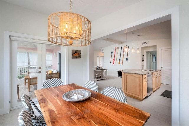 121 Lisbon Ct, Islamorada, FL 33036 - dining room featuring beam ceiling and a notable chandelier