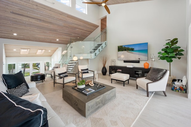 10 Mahogany Ln, Key Largo, FL 33037 - living room with stairway, high vaulted ceiling, ceiling fan, wooden ceiling, and recessed lighting