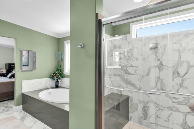 17346 Keystone Rd, Sugarloaf, FL 33042 - ensuite bathroom with marble finish floor, ornamental molding, a marble finish shower, connected bathroom, and a bath
