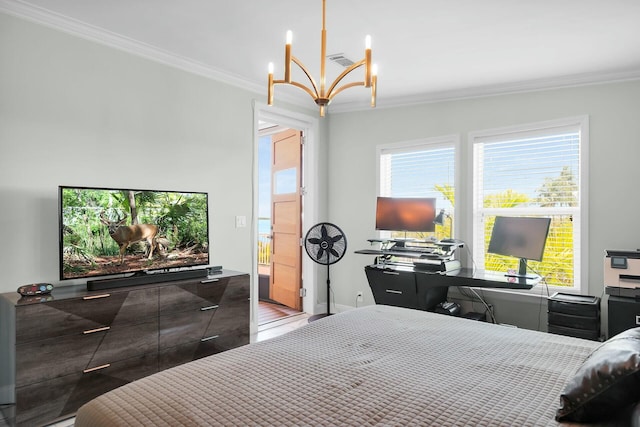 17346 Keystone Rd, Sugarloaf, FL 33042 - bedroom with visible vents, a notable chandelier, ornamental molding, and multiple windows