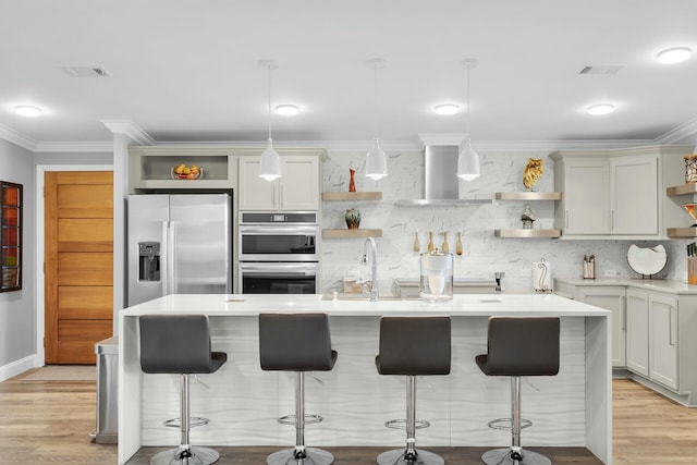 17346 Keystone Rd, Sugarloaf, FL 33042 - kitchen featuring wall chimney exhaust hood, appliances with stainless steel finishes, open shelves, and light countertops