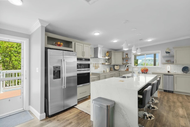 17346 Keystone Rd, Sugarloaf, FL 33042 - kitchen featuring open shelves, ornamental molding, stainless steel appliances, and a sink