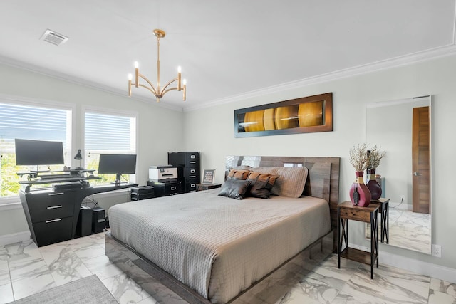 17346 Keystone Rd, Sugarloaf, FL 33042 - bedroom with marble finish floor, a notable chandelier, crown molding, and visible vents