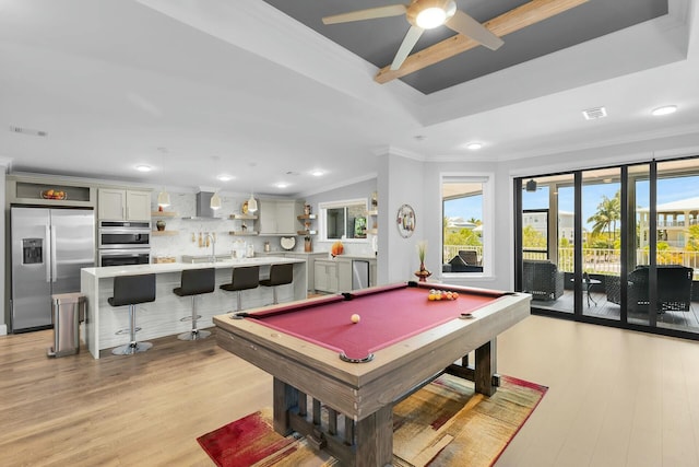 17346 Keystone Rd, Sugarloaf, FL 33042 - rec room featuring light wood finished floors, a sink, visible vents, billiards, and crown molding