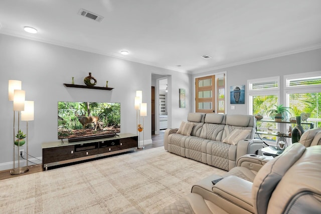 17346 Keystone Rd, Sugarloaf, FL 33042 - living area with baseboards, wood finished floors, visible vents, and crown molding