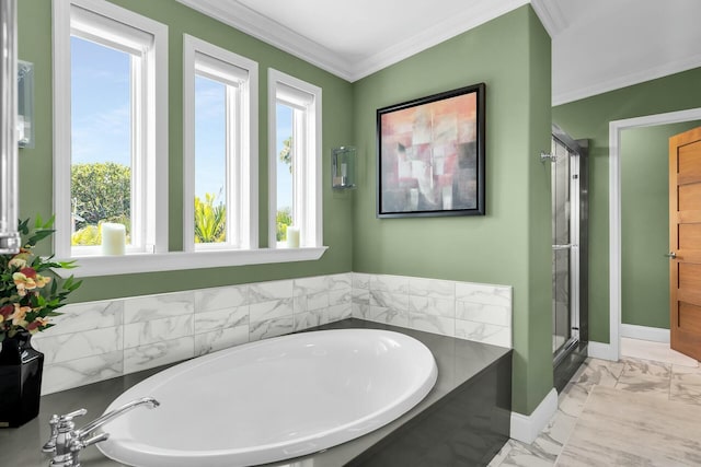 17346 Keystone Rd, Sugarloaf, FL 33042 - full bath featuring a bath, ornamental molding, and a stall shower