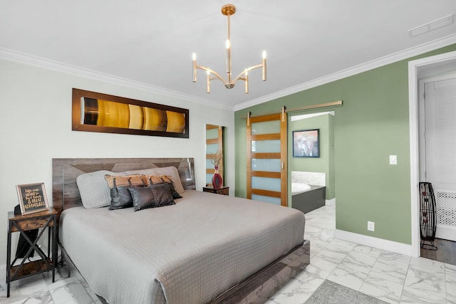 17346 Keystone Rd, Sugarloaf, FL 33042 - bedroom with a barn door, marble finish floor, an inviting chandelier, baseboards, and visible vents