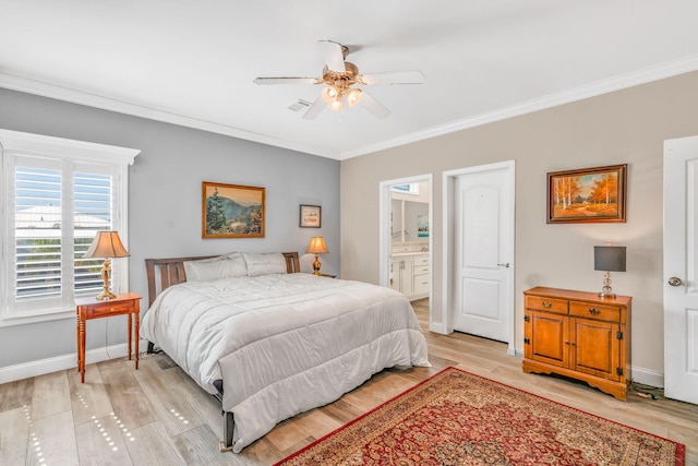 bedroom with visible vents, baseboards, ornamental molding, and light wood finished floors