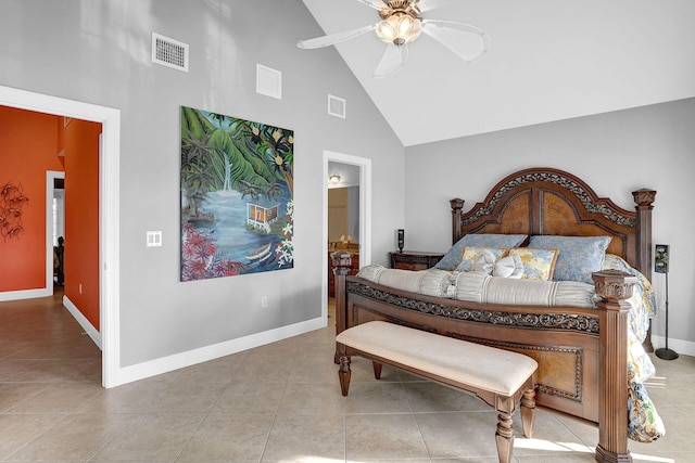 bedroom with ceiling fan, connected bathroom, high vaulted ceiling, and light tile patterned floors