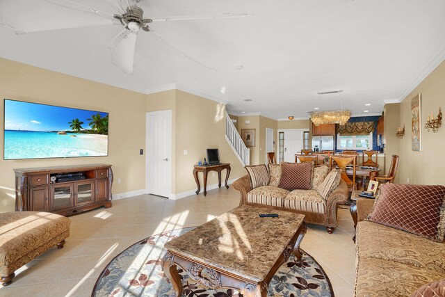 tiled living room featuring ceiling fan and ornamental molding