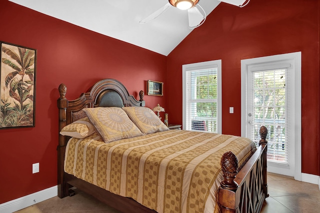 bedroom with ceiling fan, lofted ceiling, tile patterned flooring, and access to outside