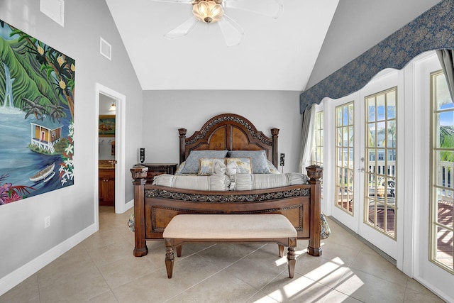 bedroom with ceiling fan, access to exterior, vaulted ceiling, and light tile patterned floors