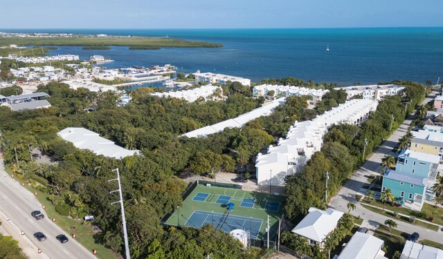 bird's eye view with a water view