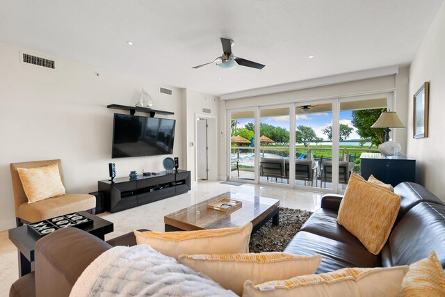 living room featuring ceiling fan