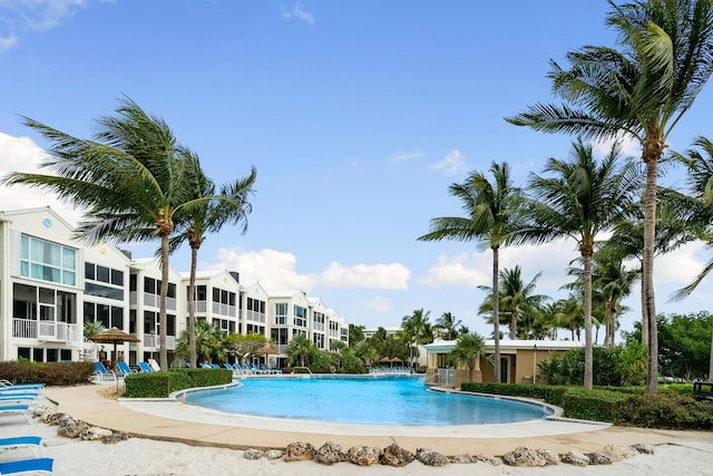 view of swimming pool featuring pool water feature