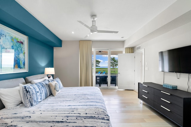 bedroom with access to outside, ceiling fan, and light hardwood / wood-style flooring