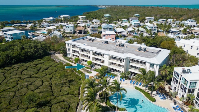 drone / aerial view featuring a water view