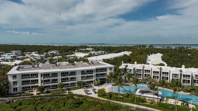 bird's eye view with a water view