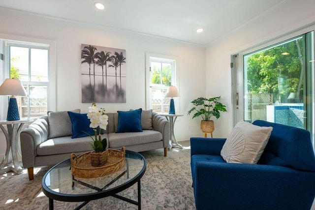 living room with recessed lighting and crown molding