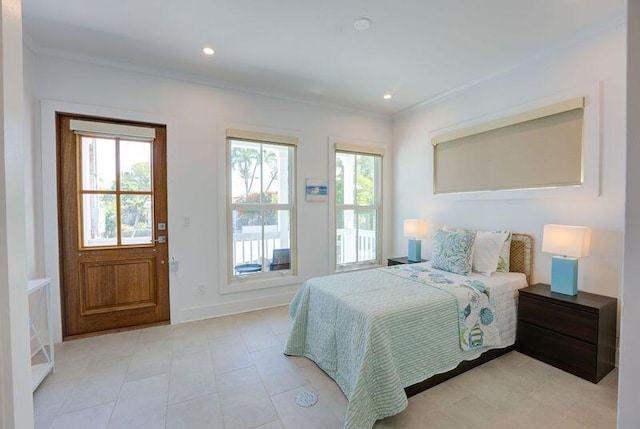 bedroom featuring recessed lighting, baseboards, crown molding, and light tile patterned floors