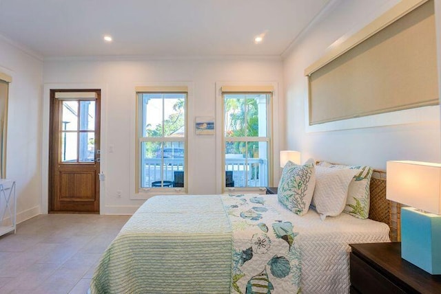 bedroom with crown molding, multiple windows, recessed lighting, and baseboards