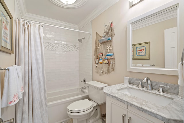 full bathroom featuring vanity, toilet, crown molding, and shower / bath combo with shower curtain