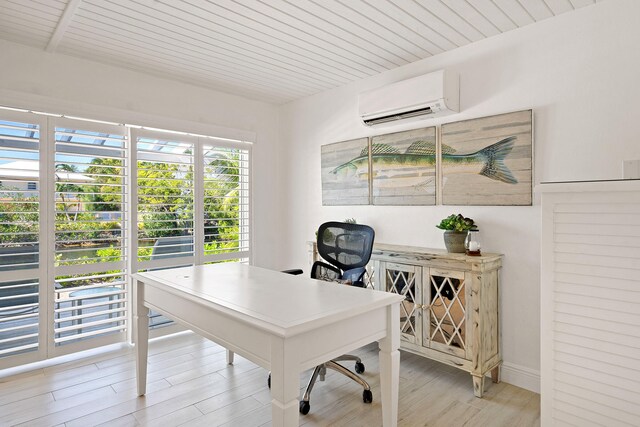 office area featuring wood ceiling, light hardwood / wood-style flooring, and an AC wall unit