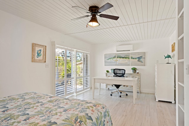 bedroom with an AC wall unit, access to outside, ceiling fan, wooden ceiling, and light wood-type flooring