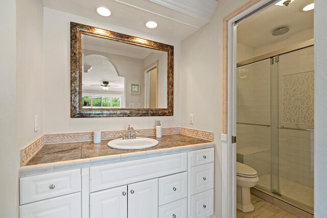 bathroom with vanity, a shower with shower door, and toilet