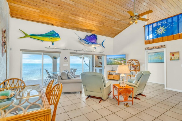 tiled living room featuring ceiling fan, wooden ceiling, and high vaulted ceiling