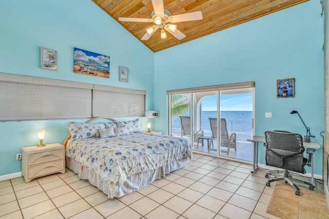 bedroom featuring light tile patterned flooring, a water view, high vaulted ceiling, wooden ceiling, and access to outside