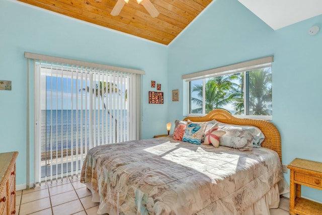 bedroom with light tile patterned flooring, lofted ceiling, access to exterior, ceiling fan, and wood ceiling