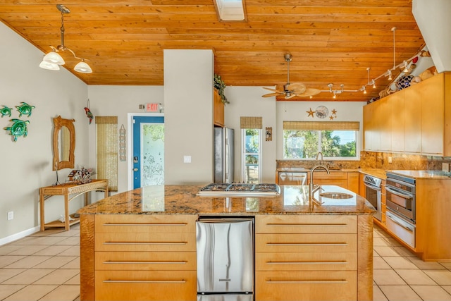 kitchen with pendant lighting, wood ceiling, stainless steel appliances, and light tile patterned floors