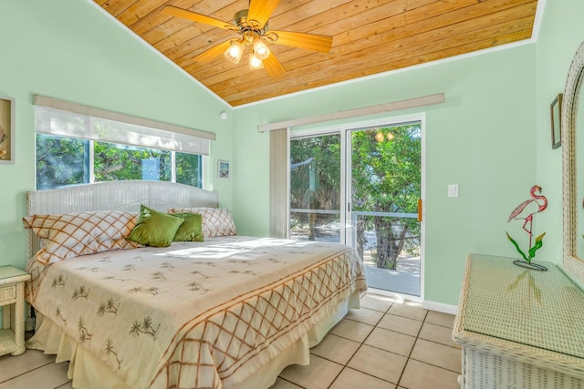 tiled bedroom with vaulted ceiling, access to outside, wooden ceiling, and ceiling fan