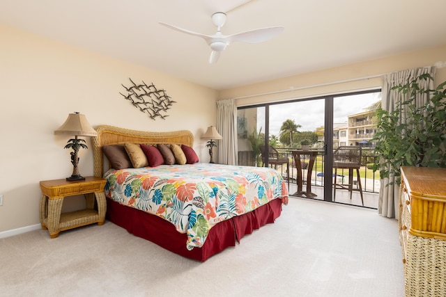 carpeted bedroom with access to outside and ceiling fan