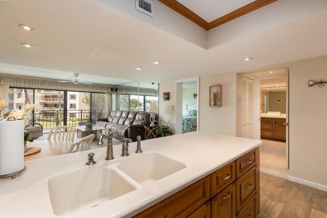 kitchen with crown molding, sink, ceiling fan, and light hardwood / wood-style floors