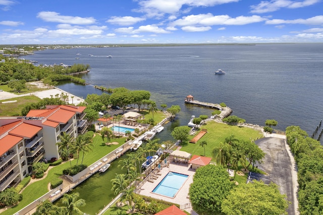 aerial view featuring a water view