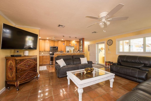 1617 Jamaica Dr, Key West, FL 33040 - tiled living room with ornamental molding and ceiling fan