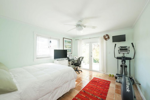 1617 Jamaica Dr, Key West, FL 33040 - tiled bedroom with crown molding, access to exterior, ceiling fan, and french doors