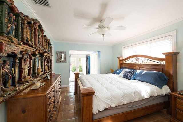 1617 Jamaica Dr, Key West, FL 33040 - bedroom with dark tile patterned floors, crown molding, and ceiling fan