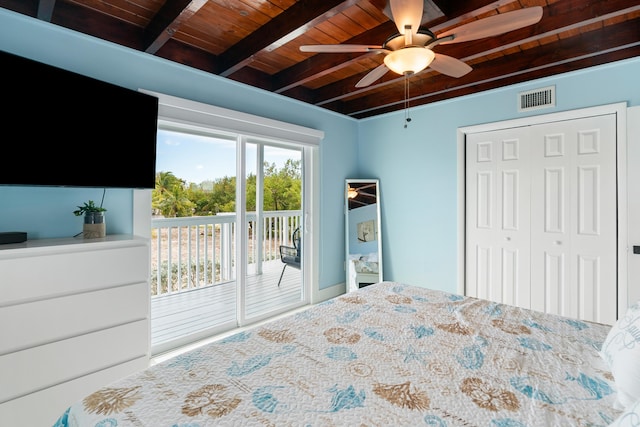 66 Seagate Blvd, Key Largo, FL 33037 - bedroom featuring wooden ceiling with exposed beams, access to exterior, a ceiling fan, and a closet
