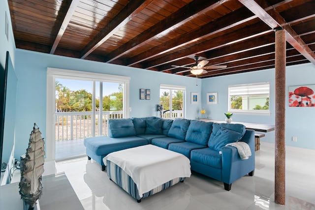 66 Seagate Blvd, Key Largo, FL 33037 - living room with wood ceiling with exposed beams and ceiling fan